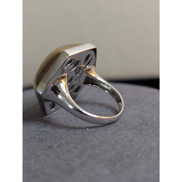 Chunky Hexagon Gold Druzy Quartz Two Tone Sterling Silver Ring Size 8 - Picture 6 of 14